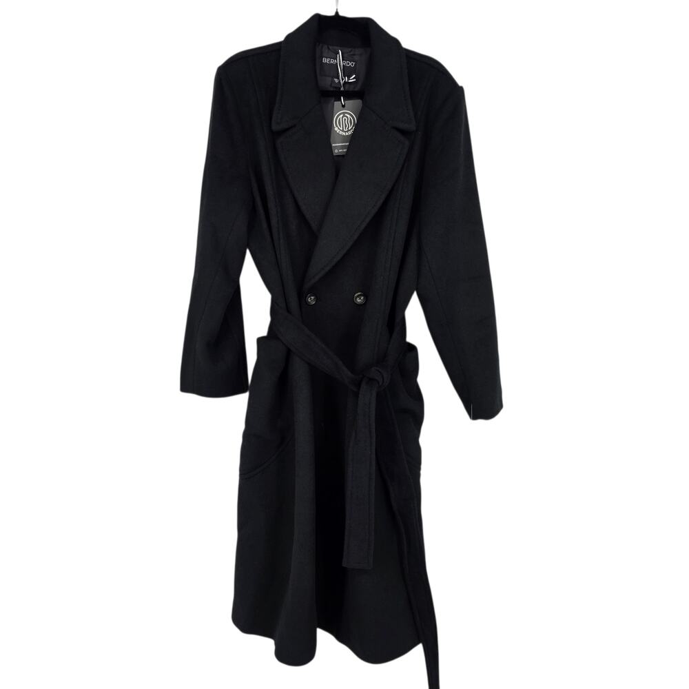 NWT Bernardo Black Double-Breasted Tie Belt Wool Blend Trench Coat Size XL